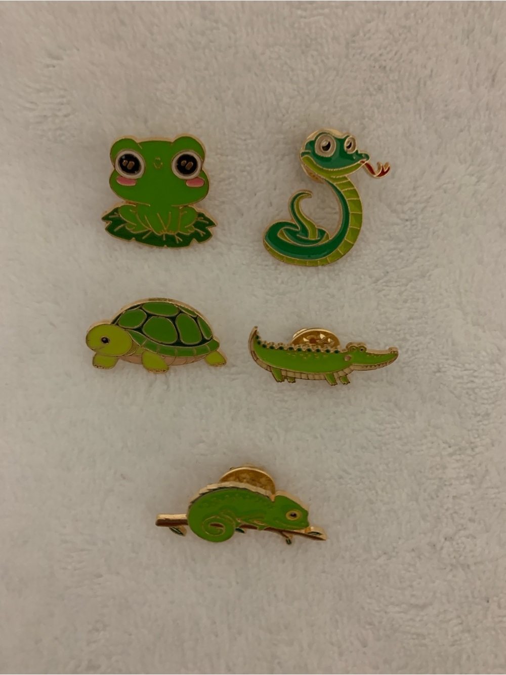 Green Reptile Enamel Pin Set - Cute Frog, Snake, Turtle, Crocodile & Chameleon
